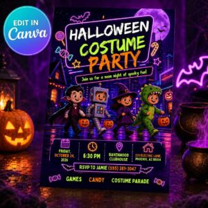 Neon Halloween Party Invitation, Kids Costume Parade Glow Party Editable Printable Canva Template