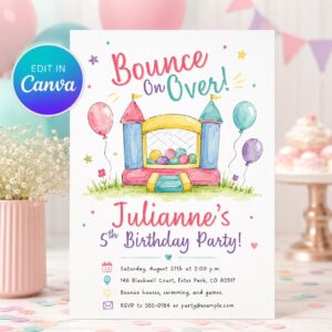 Bounce House Birthday Invitation, Girl 5th Birthday Jump Party Editable Printable Canva Template