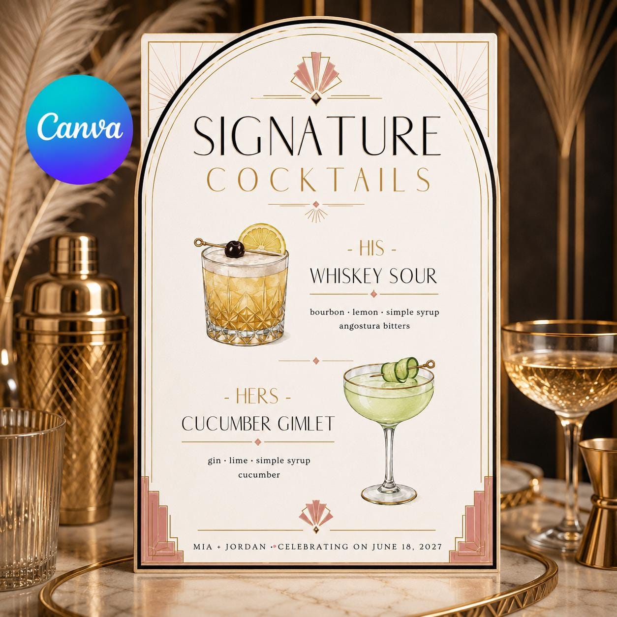 Signature Cocktail Menu, Art Deco Wedding Bar Sign His and Hers Drinks Editable Printable Canva Template