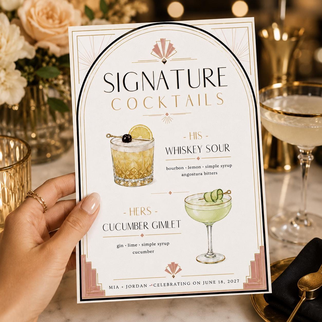Signature Cocktail Menu, Art Deco Wedding Bar Sign His and Hers Drinks Editable Printable Canva Template - Image 6