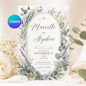 Eucalyptus Wedding Invitation, Watercolor Greenery Botanical Arch Invite, Elegant Editable Printable Canva Template