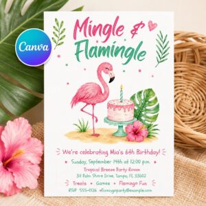 Flamingo Birthday Invitation, Tropical Girl 6th Birthday Party Invite, Pink Watercolor Flamingle Editable Printable Canva Template
