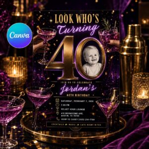 40th Birthday Invitation, Purple Gold Cocktail Party Invite with Photo, Look Who’s Turning 40 Adult Editable Printable Canva Template