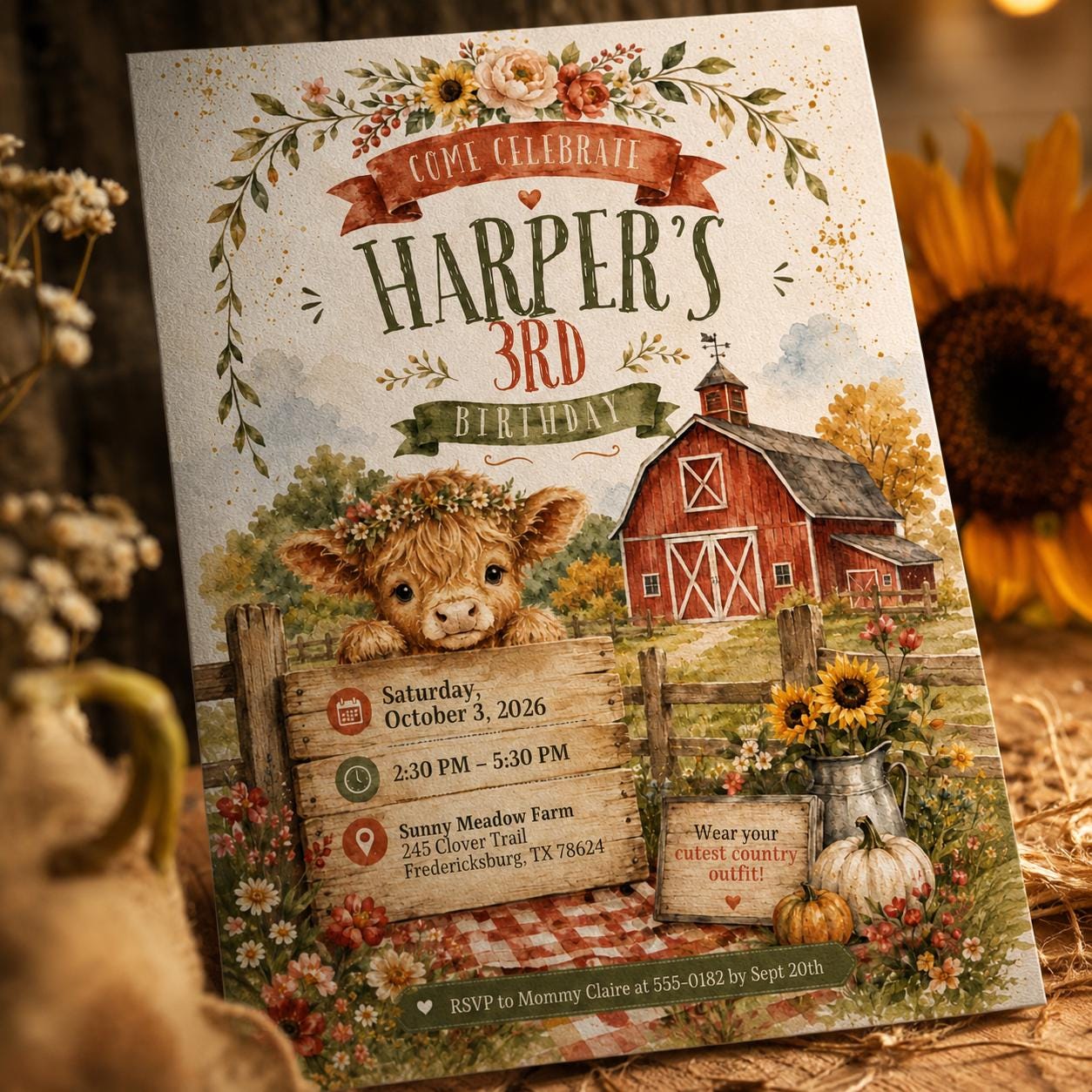 Highland Cow Birthday Invitation, Rustic Farm Girl 3rd Birthday Party, Fall Barnyard Editable Printable Canva Template - Image 3