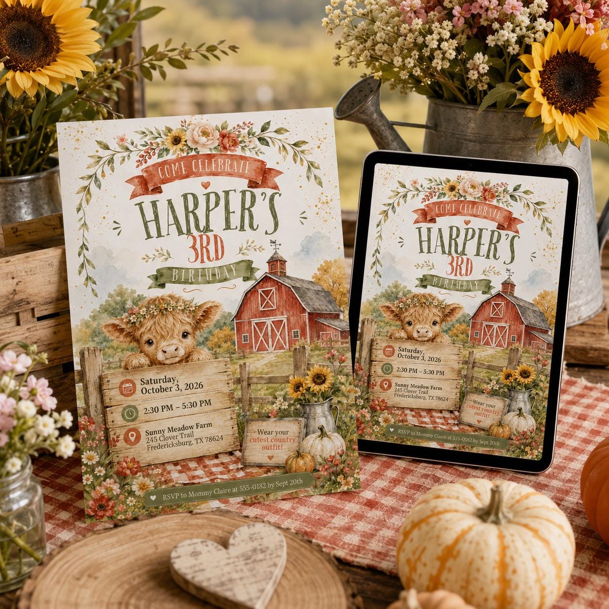 Highland Cow Birthday Invitation, Rustic Farm Girl 3rd Birthday Party, Fall Barnyard Editable Printable Canva Template - Image 4