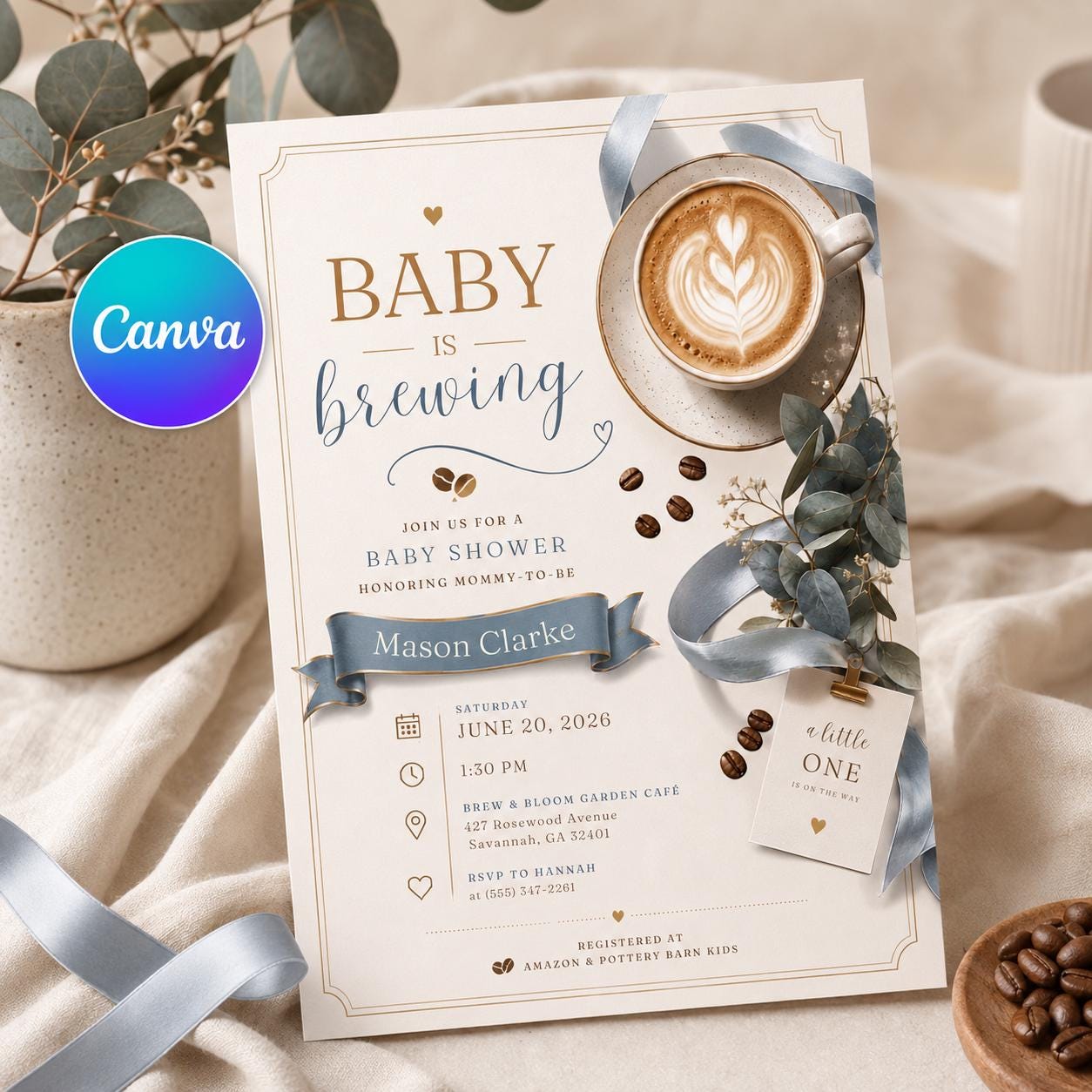 Baby Is Brewing Baby Shower Invitation, Coffee Theme Boy or Gender Neutral Editable Printable Canva Template