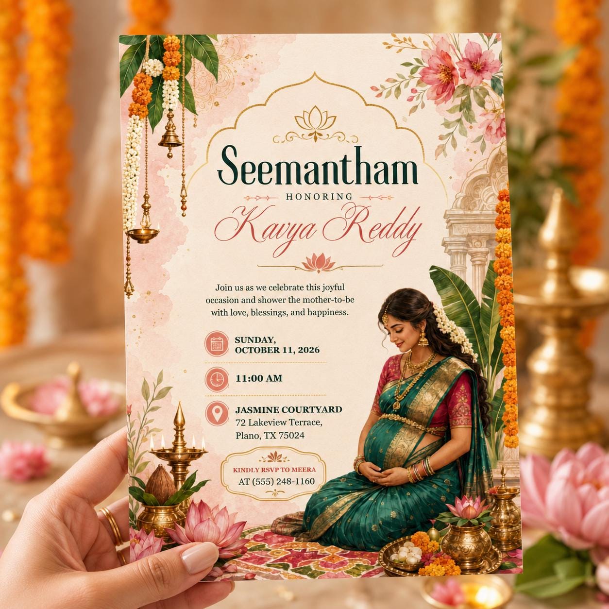 Indian Baby Shower Invitation, Seemantham Valaikappu Ceremony, Traditional South Indian Editable Printable Canva Template - Image 5