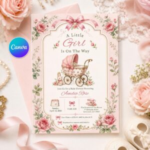 Girl Baby Shower Invitation, Vintage Floral Pram Pink Bow Tea Party Editable Printable Canva Template