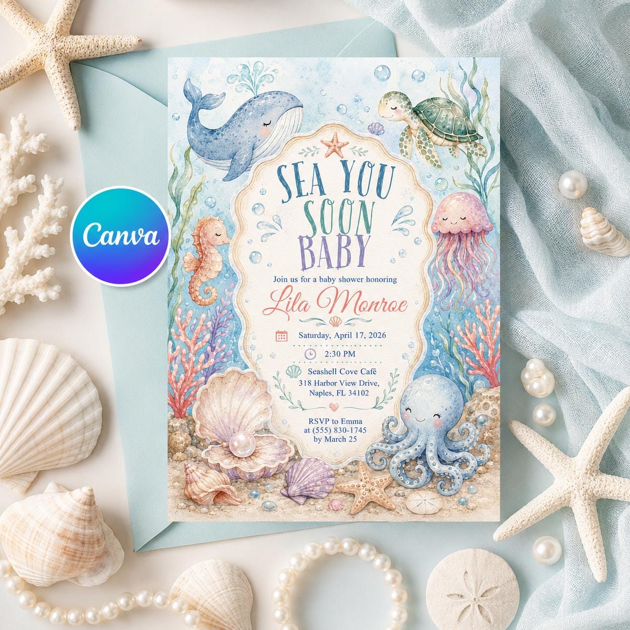 Under the Sea Baby Shower Invitation, Sea You Soon Ocean Animals Editable Printable Canva Template