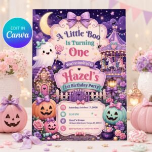 Little Boo First Birthday Invitation, Pink Halloween Ghost Girl Party Editable Printable Canva Template