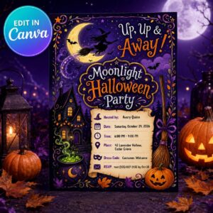 Halloween Party Invitation, Moonlight Witch Costume Party Editable Printable Canva Template