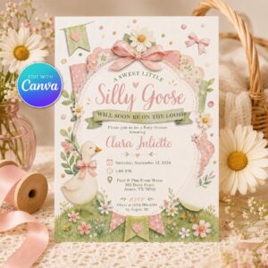 Silly Goose Baby Shower Invitation, Pink Bow Cottagecore Girl Editable Printable Canva Template