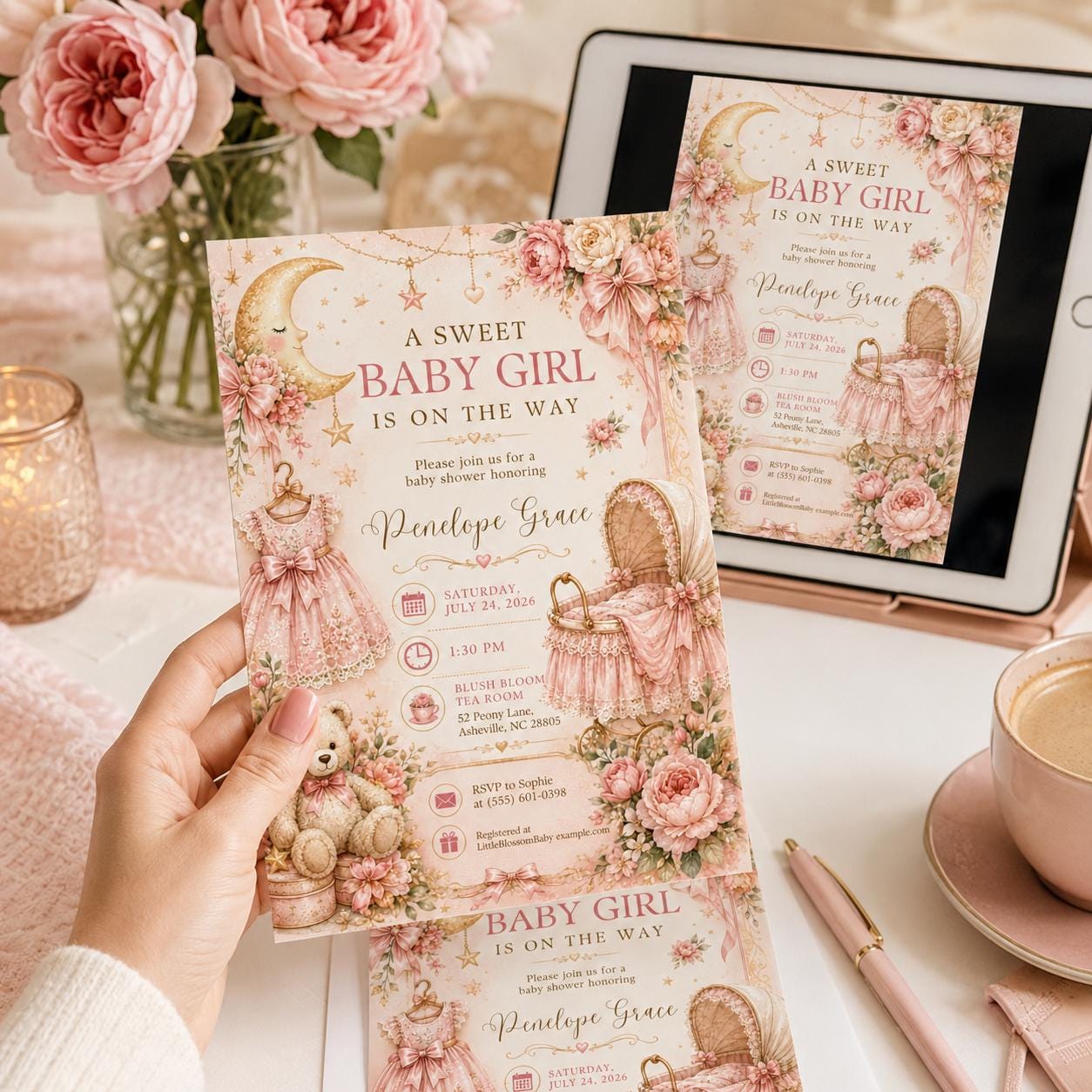 Baby Girl Shower Invitation, Pink Moon and Stars Invite, Vintage Floral Teddy Bear Printable, Editable Canva Template - Image 4