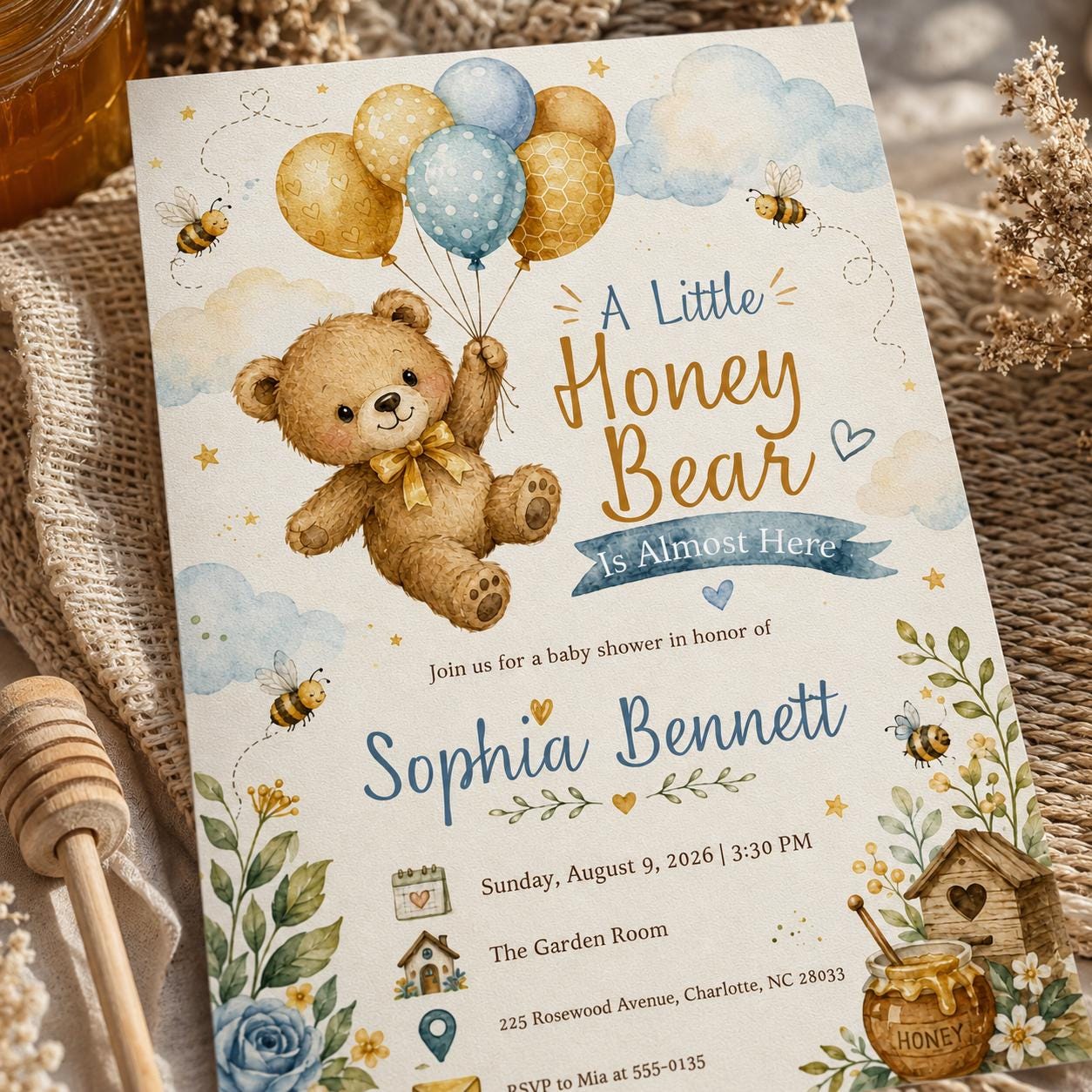 Honey Bear Baby Shower Invitation, A Little Honey Is on the Way, Bee Teddy Bear Printable, Editable Canva Template - Image 5