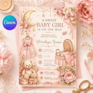 Baby Girl Shower Invitation, Pink Moon and Stars Invite, Vintage Floral Teddy Bear Printable, Editable Canva Template