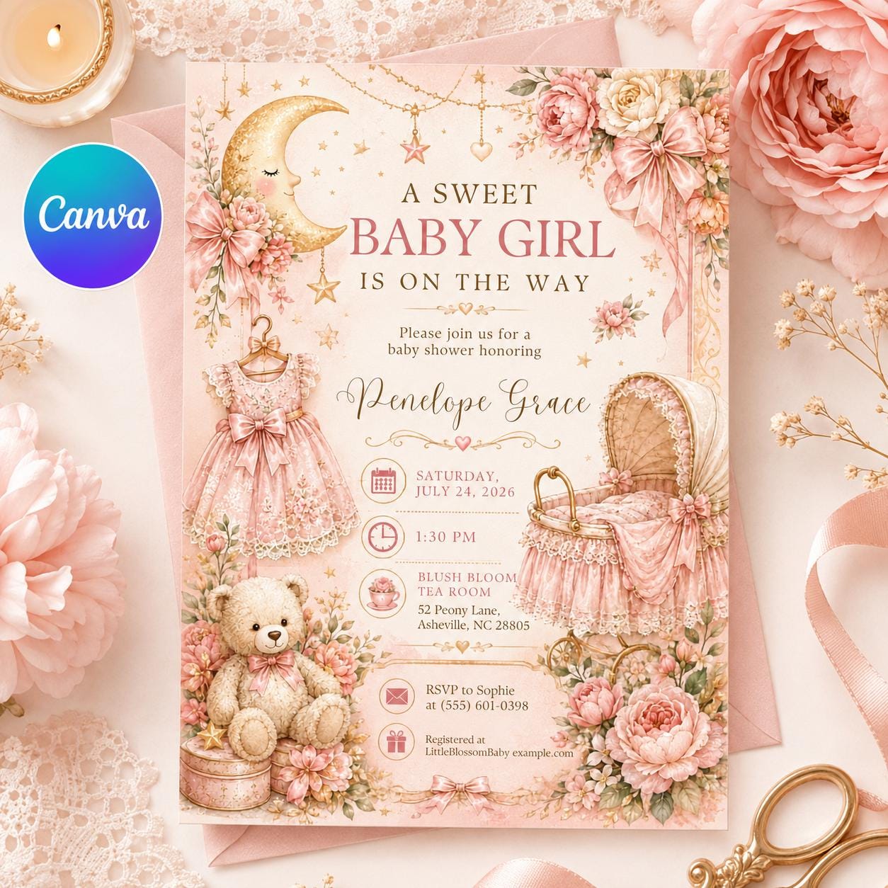 Baby Girl Shower Invitation, Pink Moon and Stars Invite, Vintage Floral Teddy Bear Printable, Editable Canva Template