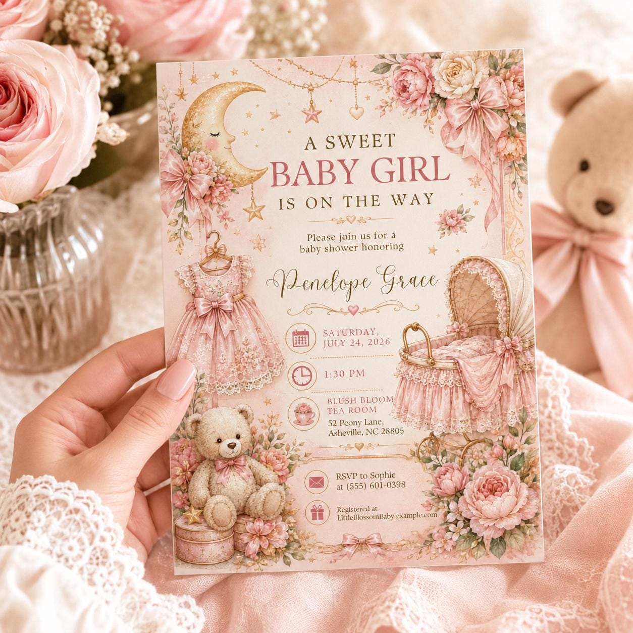 Baby Girl Shower Invitation, Pink Moon and Stars Invite, Vintage Floral Teddy Bear Printable, Editable Canva Template - Image 6