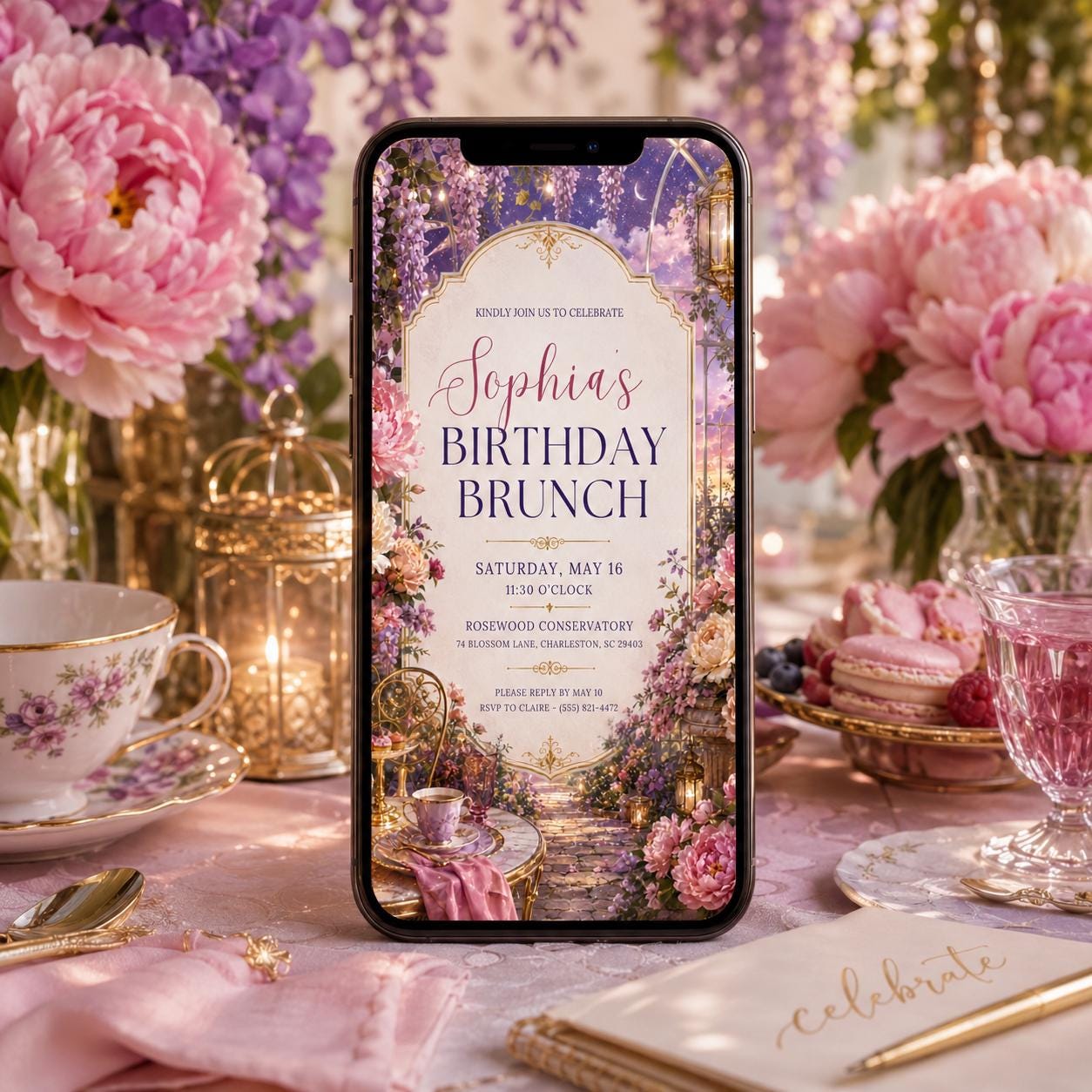 Birthday Brunch Invitation, Enchanted Garden Floral Tea Party Elegant Editable Printable Canva Template - Image 6