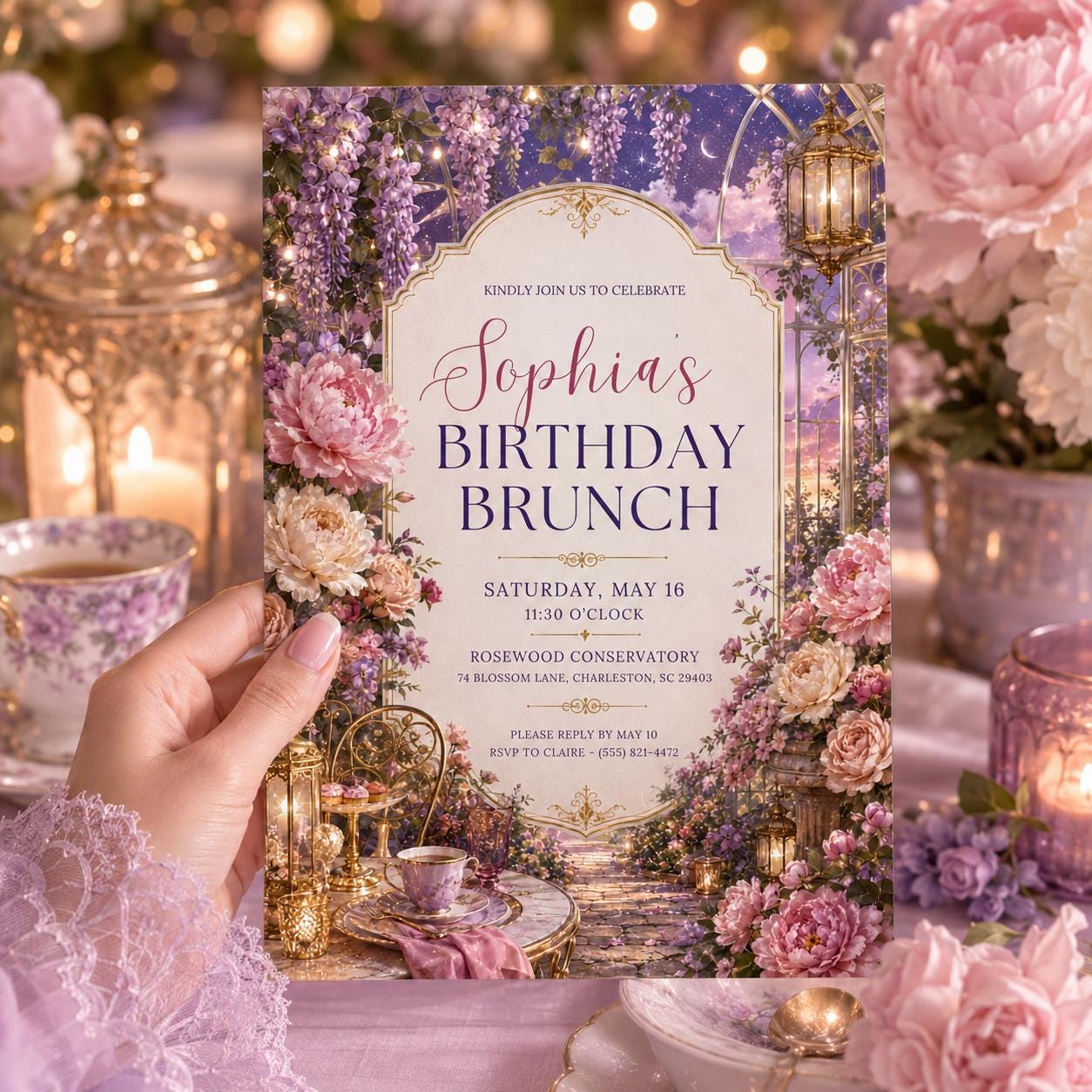 Birthday Brunch Invitation, Enchanted Garden Floral Tea Party Elegant Editable Printable Canva Template