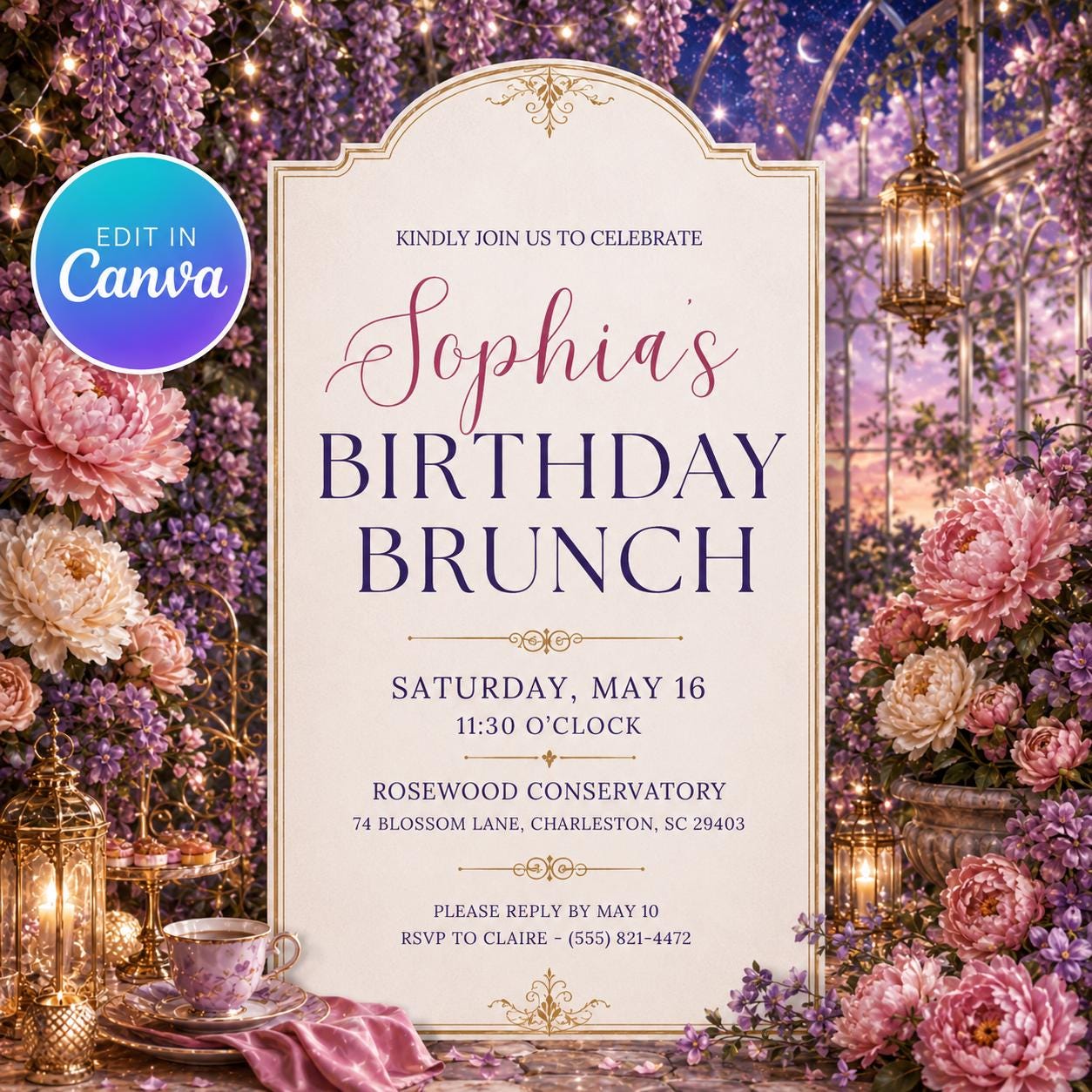 Birthday Brunch Invitation, Enchanted Garden Floral Tea Party Elegant Editable Printable Canva Template - Image 4