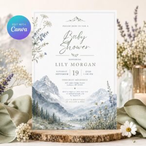 Mountain Baby Shower Invitation, Watercolor Wildflower Alpine Adventure Editable Printable Canva Template