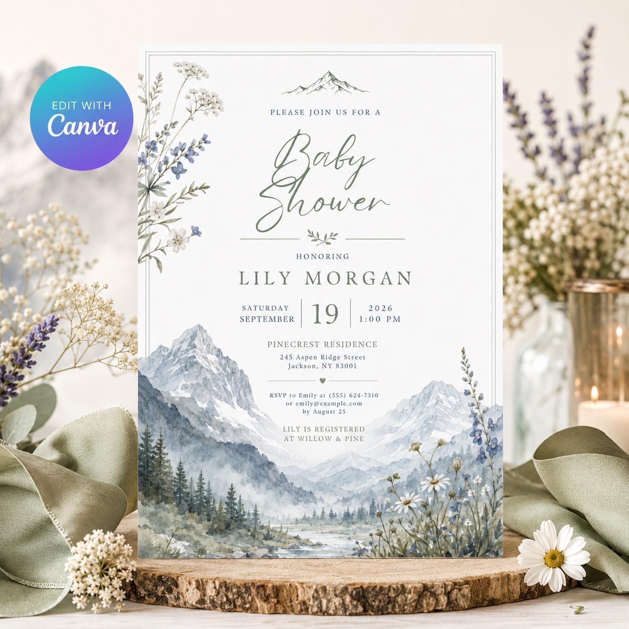 Mountain Baby Shower Invitation, Watercolor Wildflower Alpine Adventure Editable Printable Canva Template