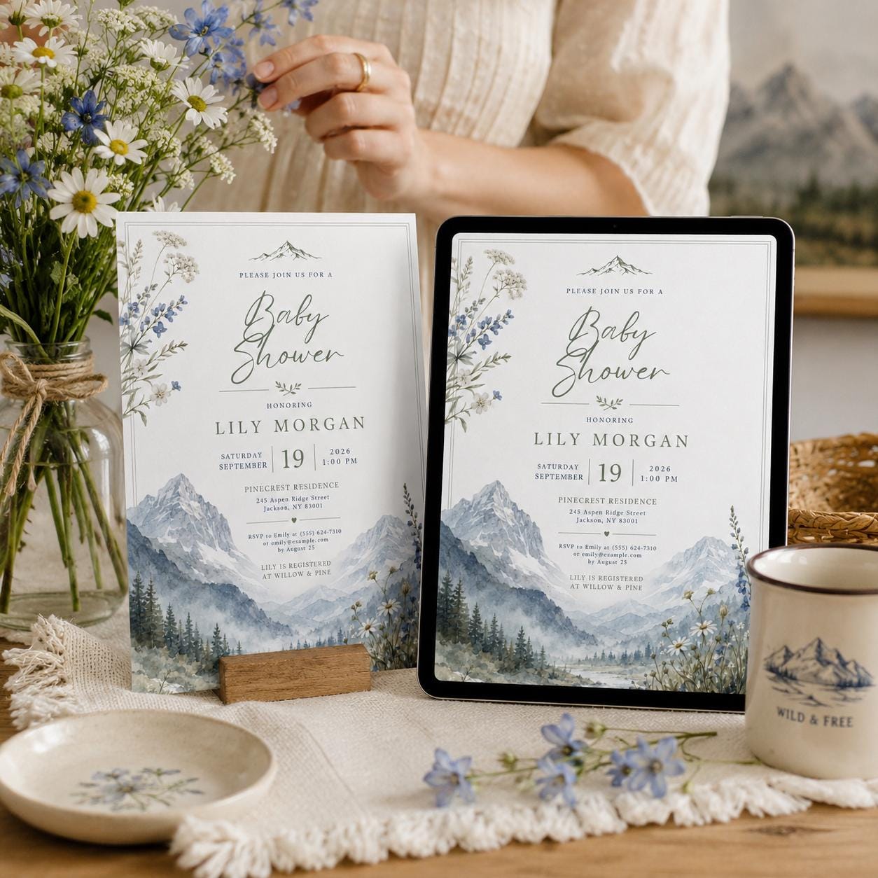 Mountain Baby Shower Invitation, Watercolor Wildflower Alpine Adventure Editable Printable Canva Template - Image 3