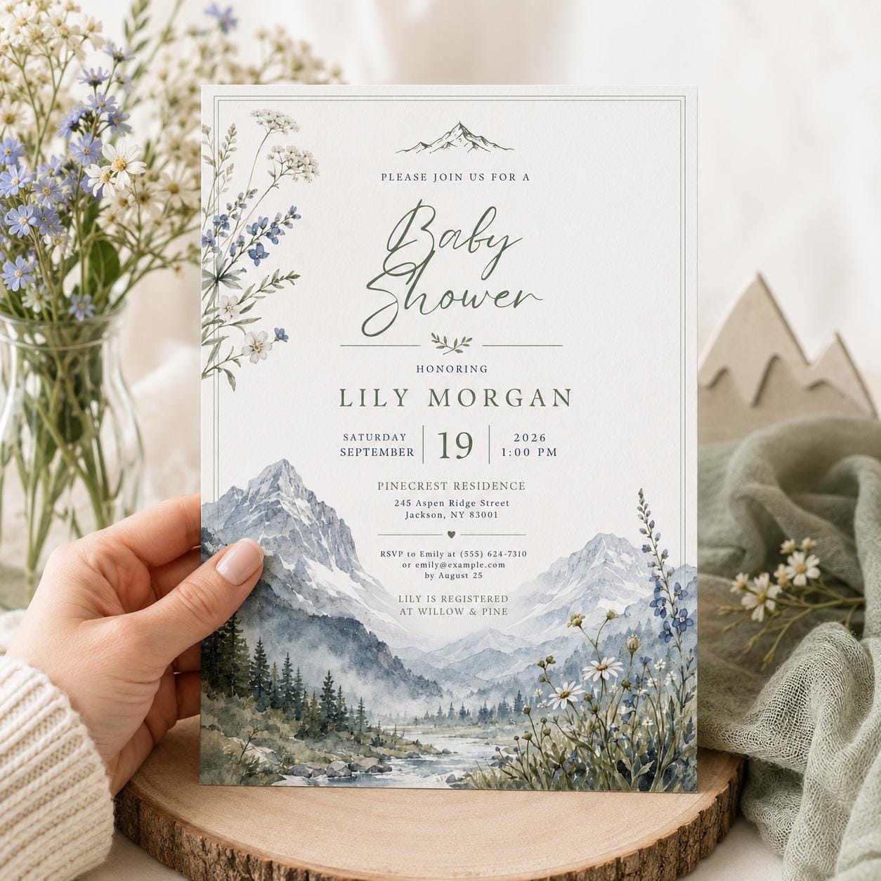 Mountain Baby Shower Invitation, Watercolor Wildflower Alpine Adventure Editable Printable Canva Template - Image 6