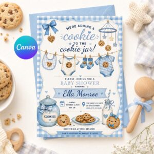 Cookie Baby Shower Invitation, Little Cookie Boy Theme, Blue Gingham Cookies and Milk Editable Printable Canva Template