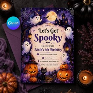 Spooky Birthday Invitation, Let's Get Spooky Ghost Pumpkin Kids Halloween Party, Editable Printable Canva Template