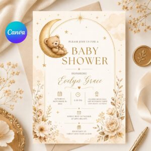 Teddy Bear Baby Shower Invitation, Neutral Moon and Stars Theme, Elegant Editable Printable Canva Template