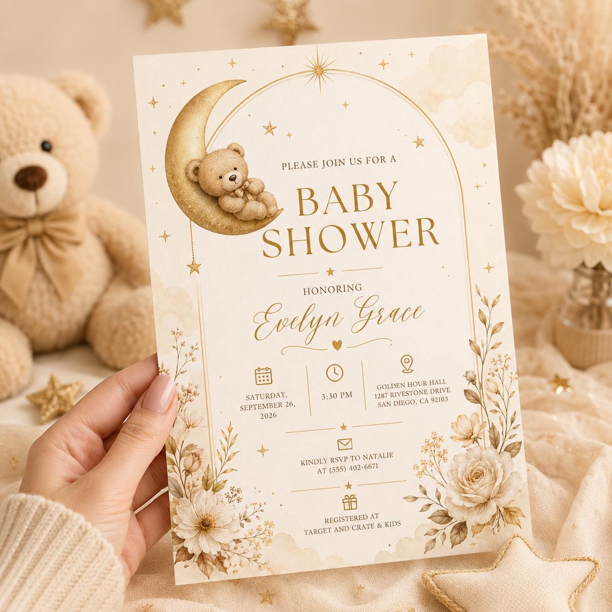 Teddy Bear Baby Shower Invitation, Neutral Moon and Stars Theme, Elegant Editable Printable Canva Template - Image 6