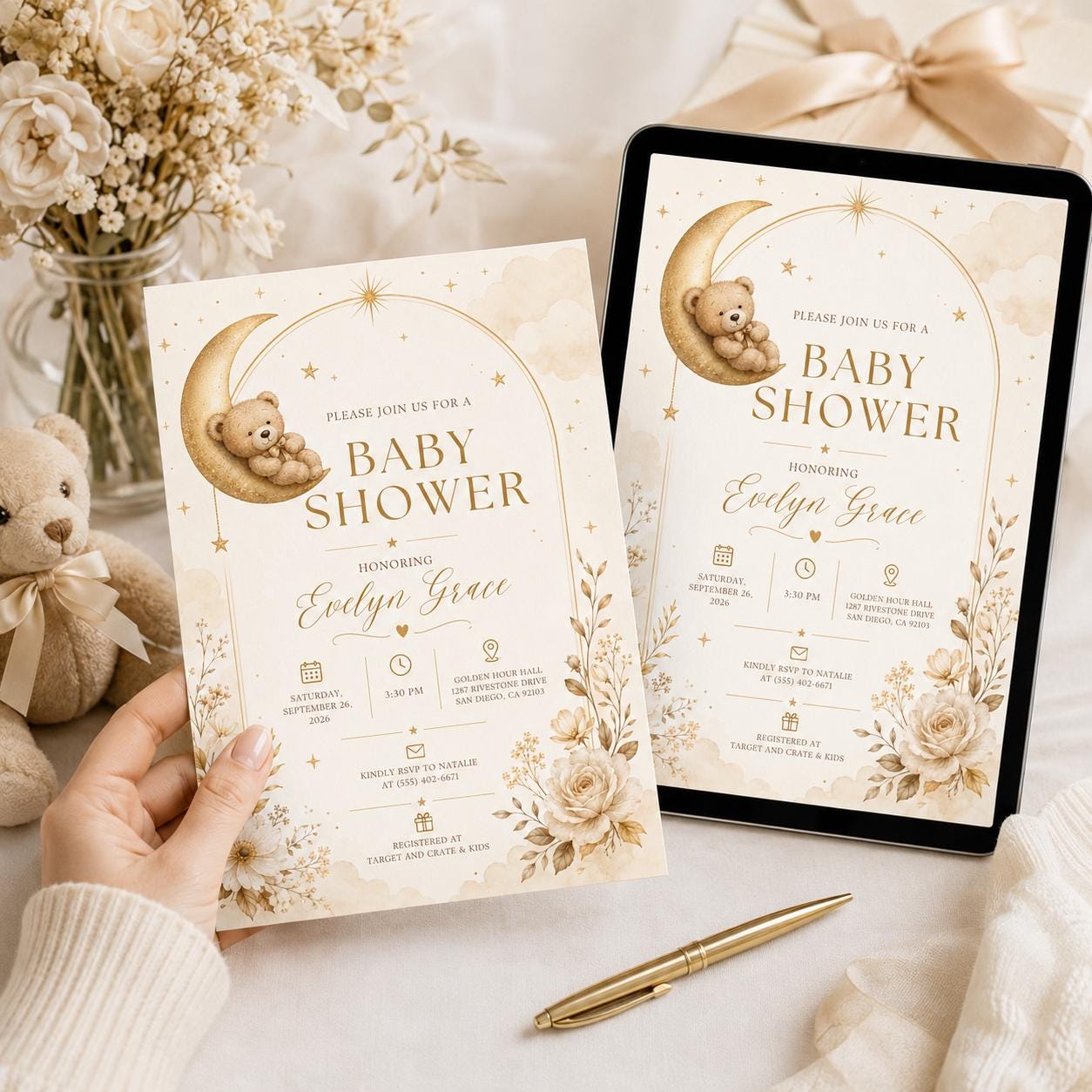 Teddy Bear Baby Shower Invitation, Neutral Moon and Stars Theme, Elegant Editable Printable Canva Template - Image 3