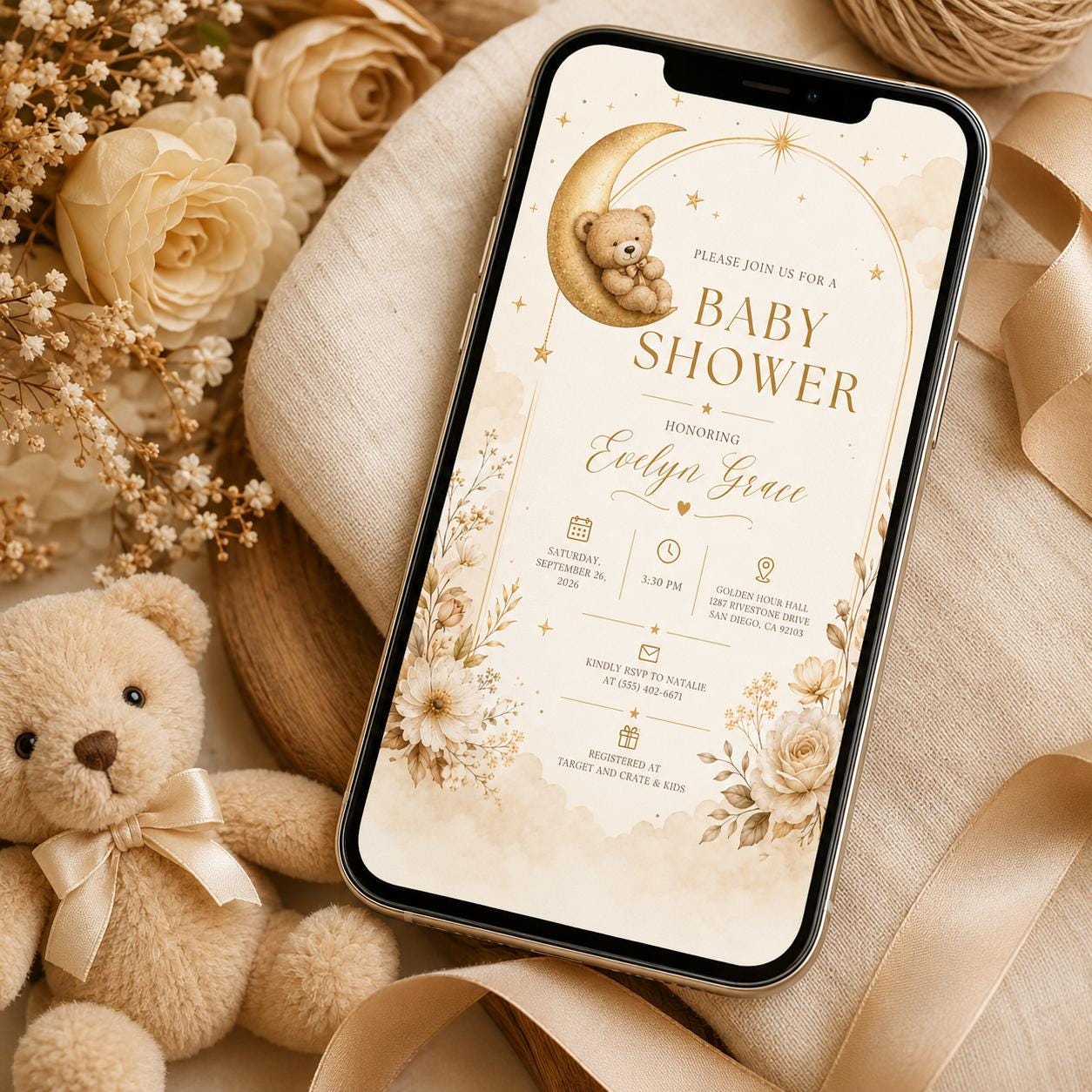 Teddy Bear Baby Shower Invitation, Neutral Moon and Stars Theme, Elegant Editable Printable Canva Template - Image 5