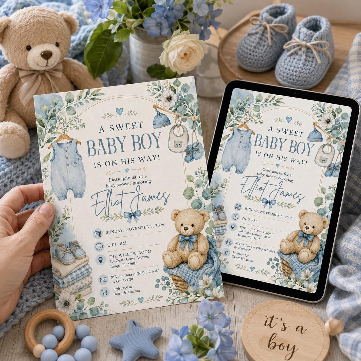 Baby Boy Shower Invitation, Blue Teddy Bear Greenery Theme, Sweet Editable Printable Canva Template - Image 4