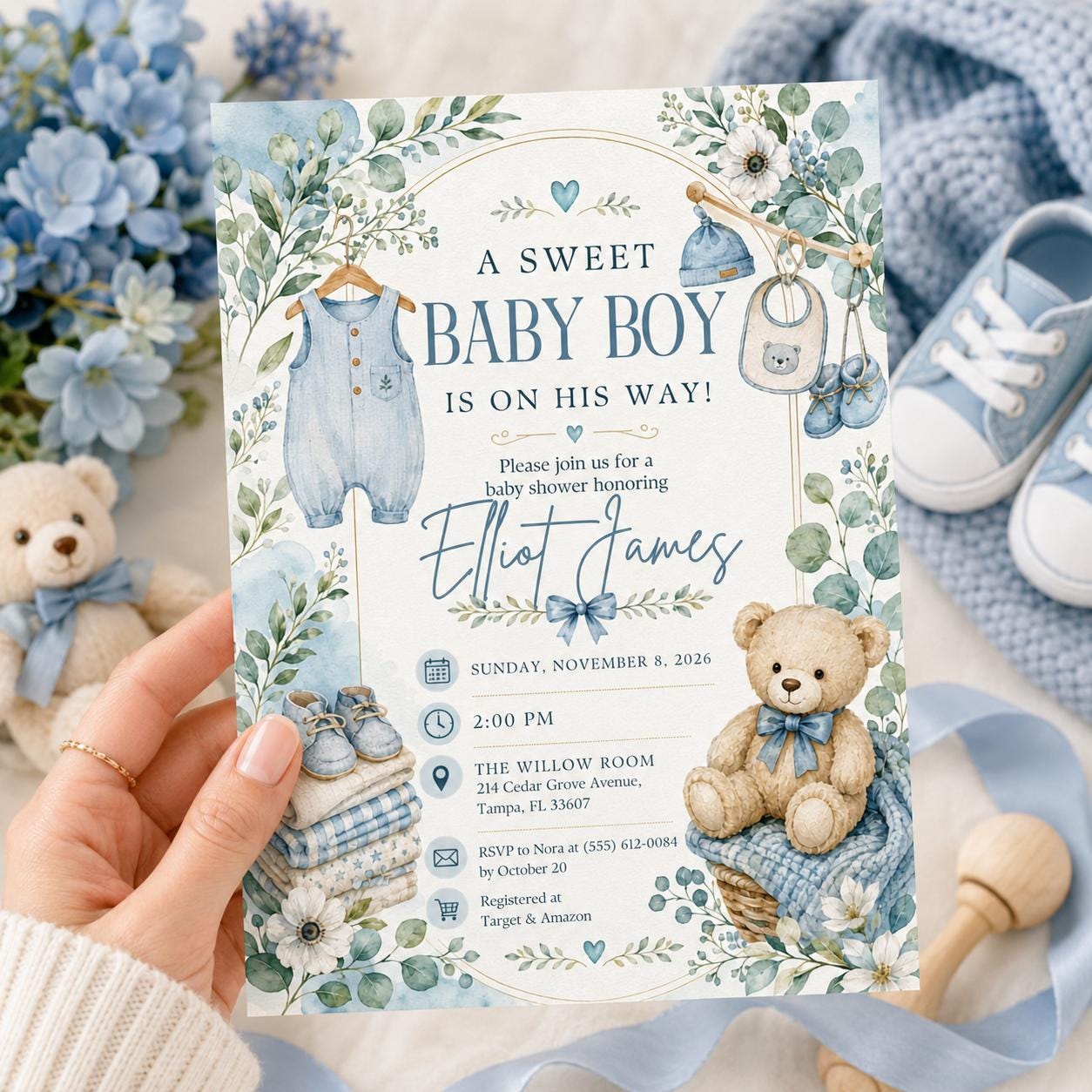 Baby Boy Shower Invitation, Blue Teddy Bear Greenery Theme, Sweet Editable Printable Canva Template - Image 6