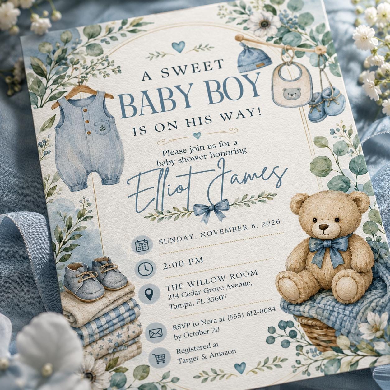 Baby Boy Shower Invitation, Blue Teddy Bear Greenery Theme, Sweet Editable Printable Canva Template - Image 3