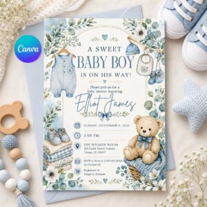 Baby Boy Shower Invitation, Blue Teddy Bear Greenery Theme, Sweet Editable Printable Canva Template