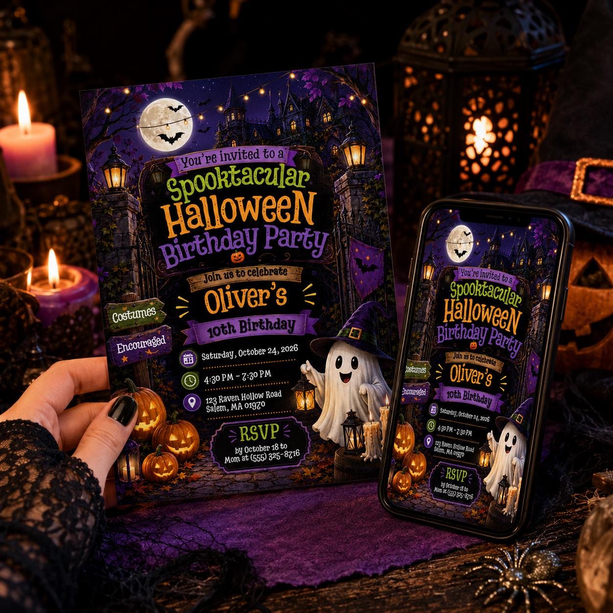 Spooktacular Halloween Birthday Invitation, Kids Costume Ghost Pumpkin Party, Editable Printable Canva Template - Image 3