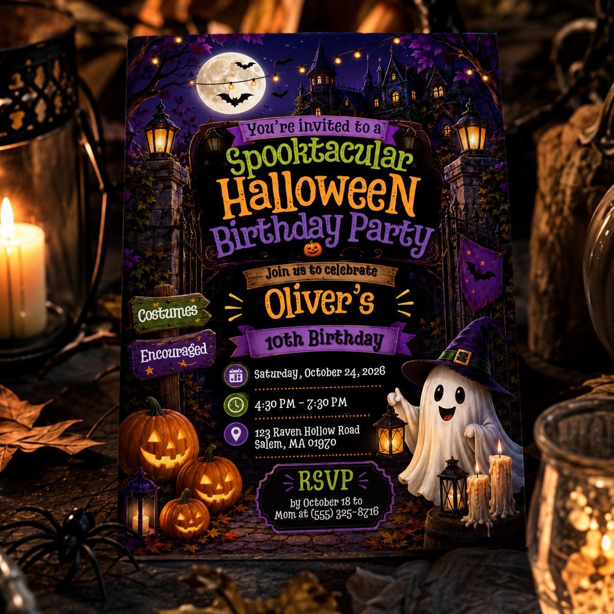 Spooktacular Halloween Birthday Invitation, Kids Costume Ghost Pumpkin Party, Editable Printable Canva Template - Image 4
