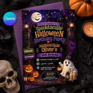 Spooktacular Halloween Birthday Invitation, Kids Costume Ghost Pumpkin Party, Editable Printable Canva Template