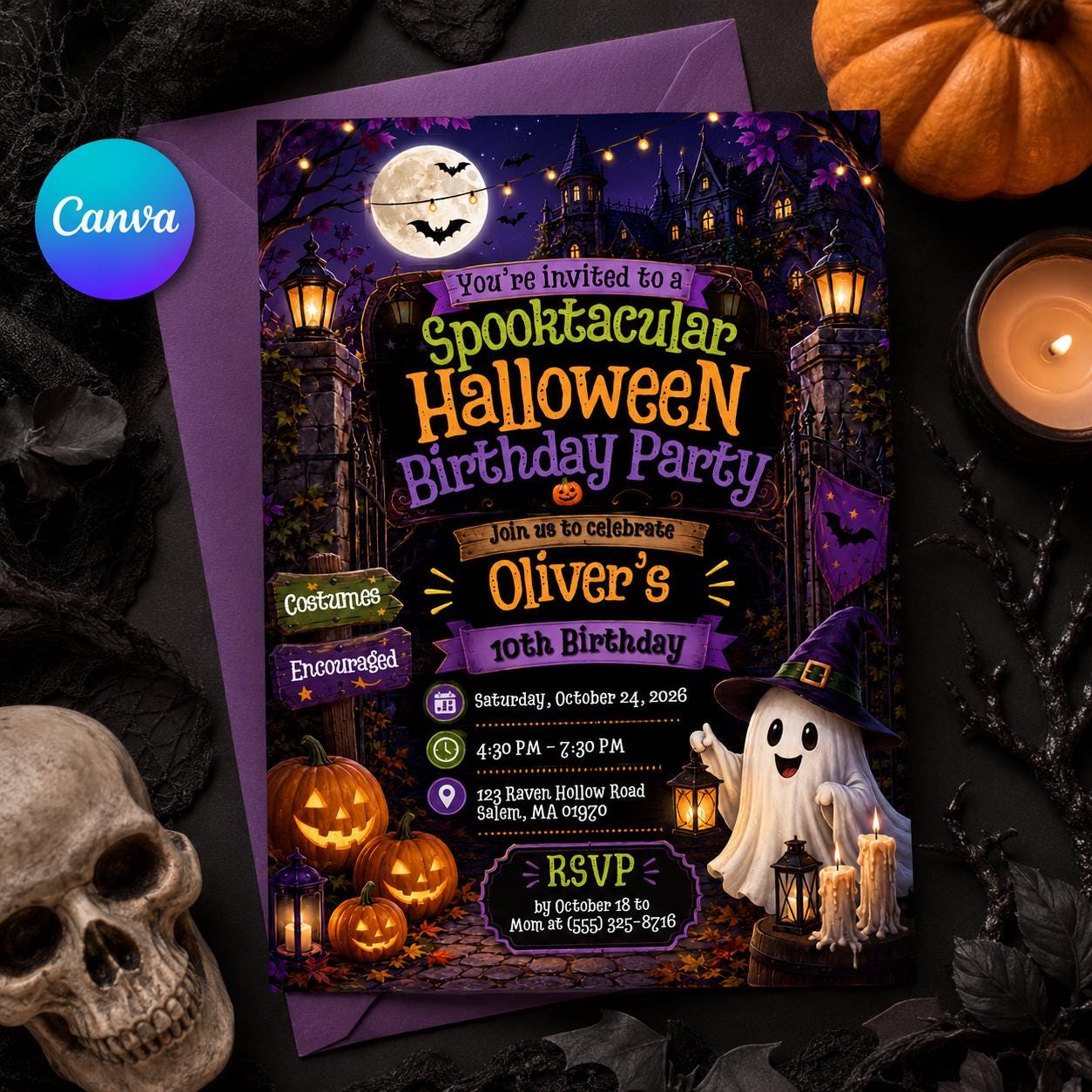 Spooktacular Halloween Birthday Invitation, Kids Costume Ghost Pumpkin Party, Editable Printable Canva Template