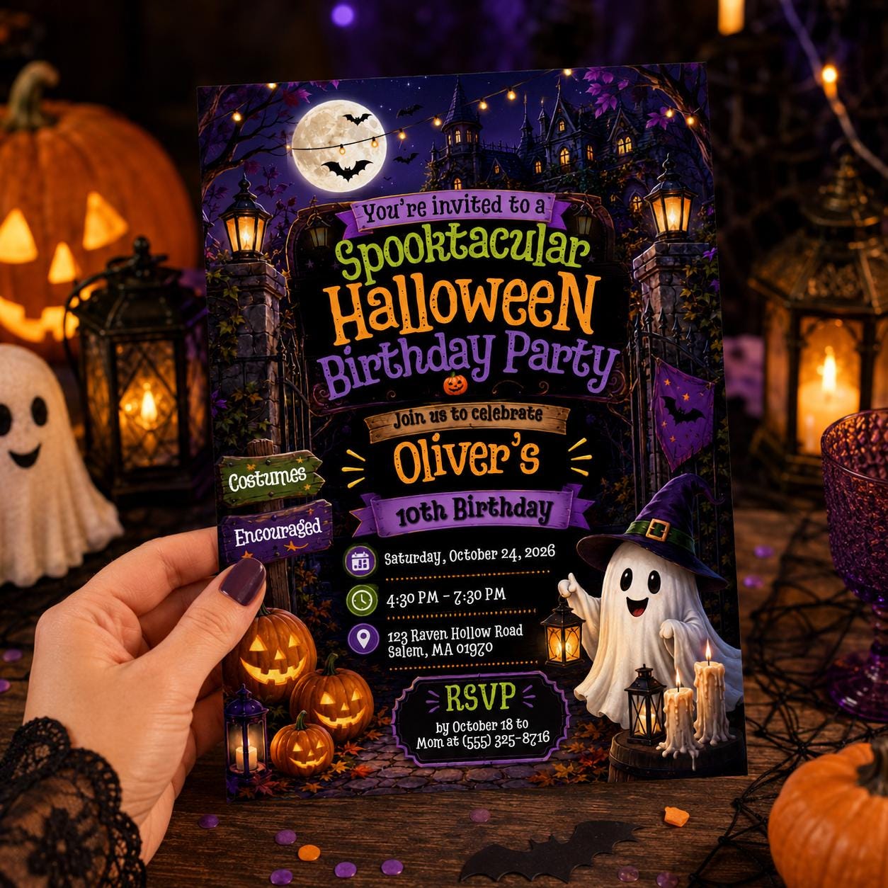 Spooktacular Halloween Birthday Invitation, Kids Costume Ghost Pumpkin Party, Editable Printable Canva Template - Image 6