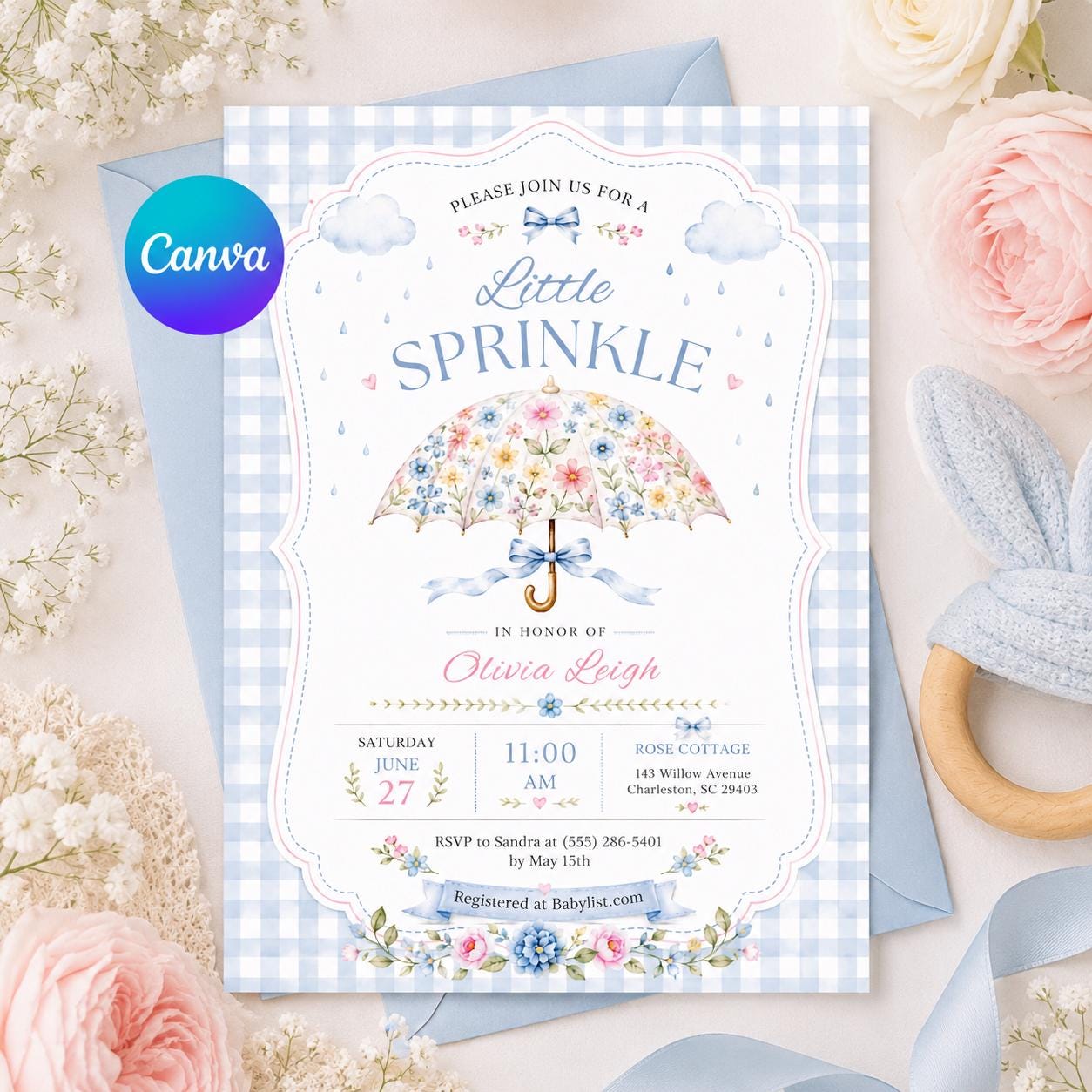 Little Sprinkle Baby Shower Invitation, Floral Umbrella Blue Gingham Girl Theme, Editable Printable Canva Template