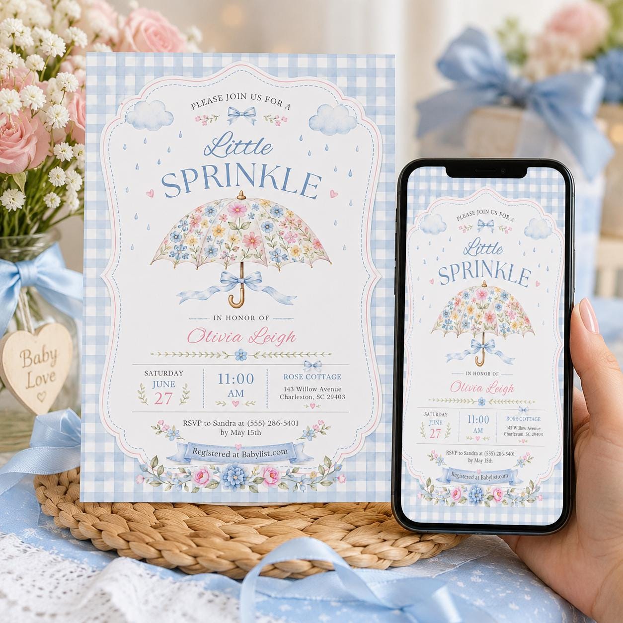 Little Sprinkle Baby Shower Invitation, Floral Umbrella Blue Gingham Girl Theme, Editable Printable Canva Template - Image 4