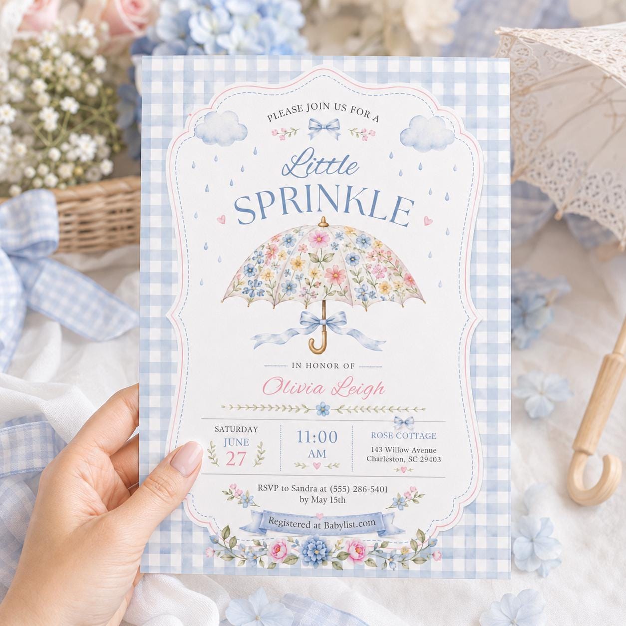 Little Sprinkle Baby Shower Invitation, Floral Umbrella Blue Gingham Girl Theme, Editable Printable Canva Template - Image 6