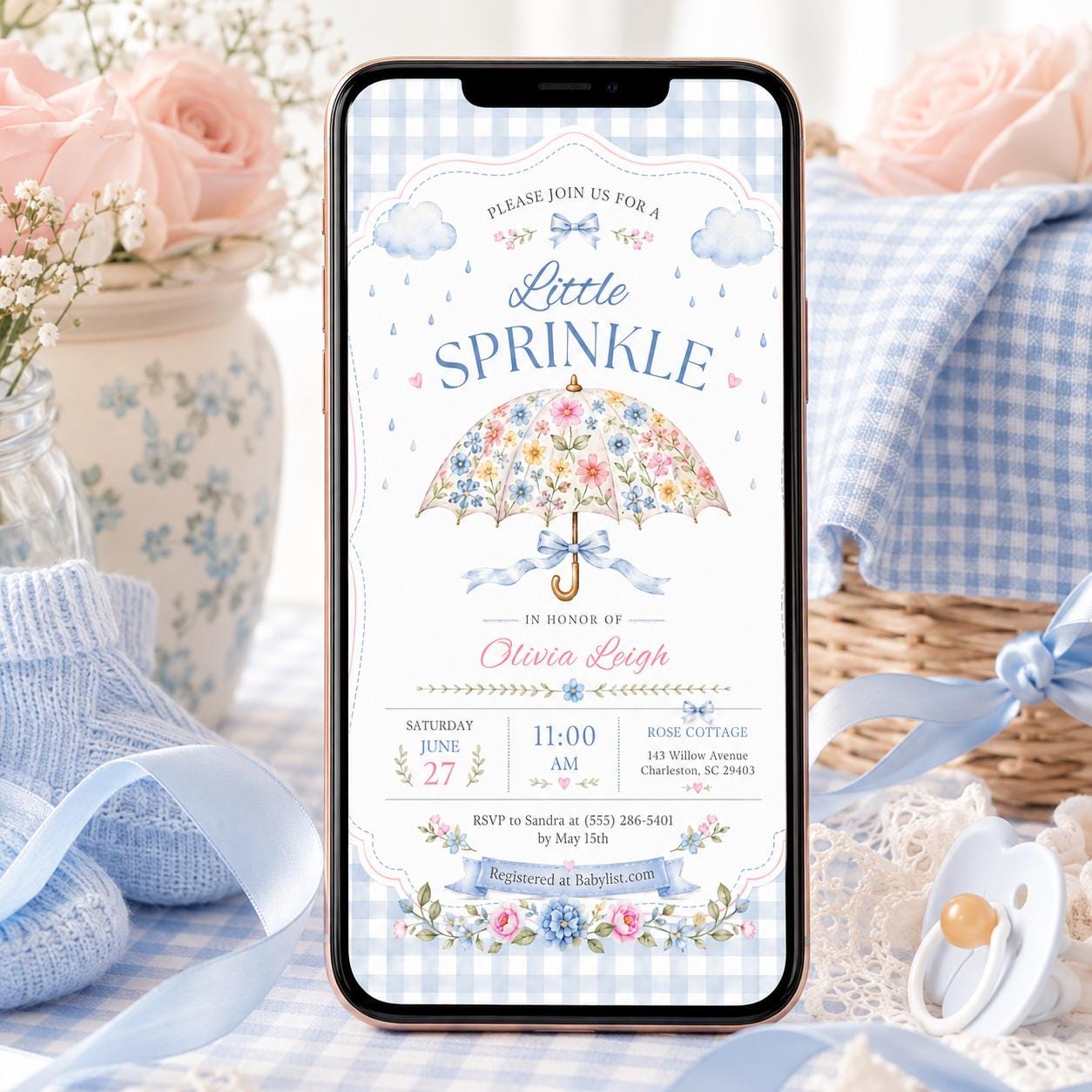 Little Sprinkle Baby Shower Invitation, Floral Umbrella Blue Gingham Girl Theme, Editable Printable Canva Template - Image 5