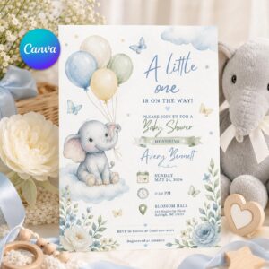 Elephant Baby Shower Invitation, A Little One Is on the Way, Blue Watercolor Boy Invite, Editable Canva Template