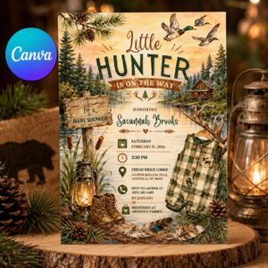 Little Hunter Baby Shower Invitation, Rustic Duck Hunting Boy Invite, Woodland Printable Canva Template