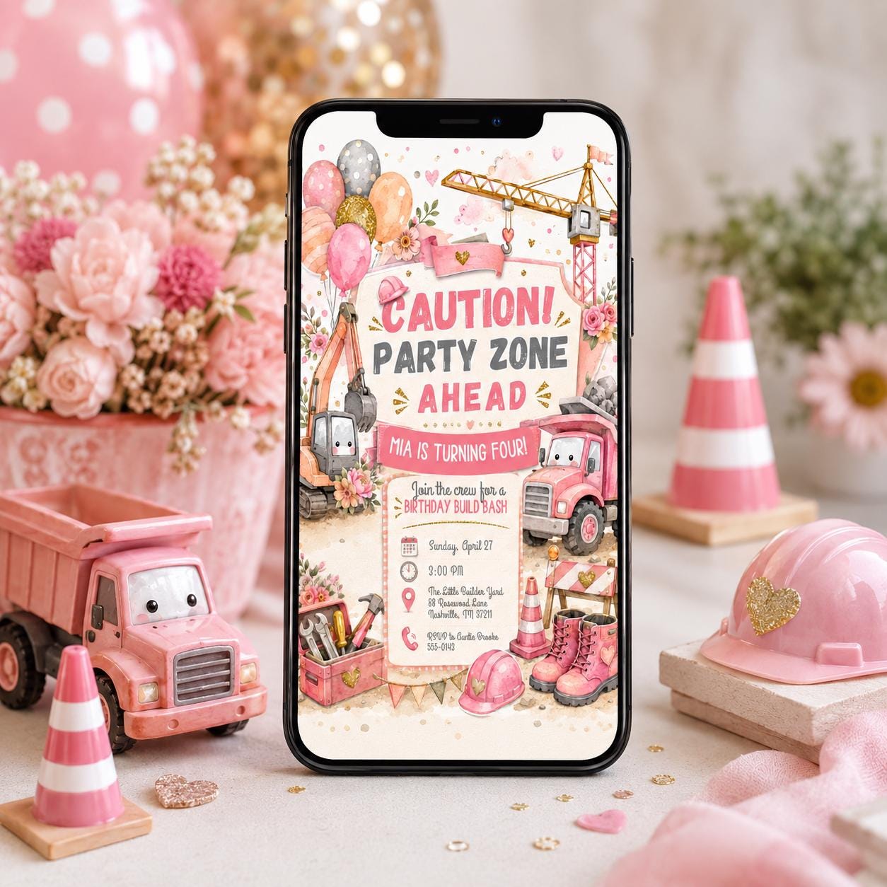 Pink Construction Birthday Invitation, Girl Builder 4th Birthday Dump Truck Party Invite, Editable Canva Template - Image 5